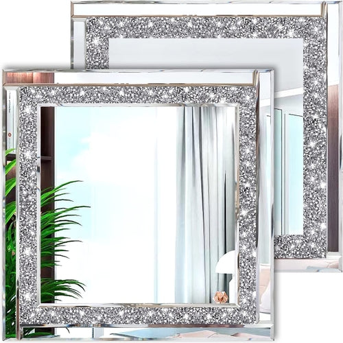 Crystal Crush Diamond Silver Mirror Set 12x12 Inch 2 Pieces