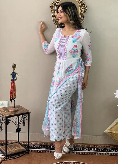 Women White Rayon printed nyra cut Kurti with pant set Size L