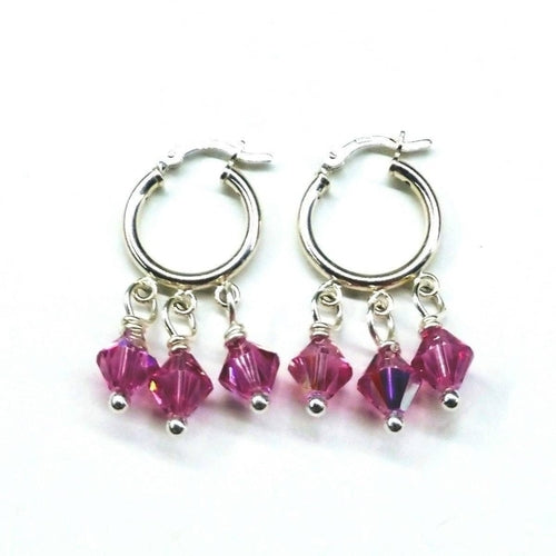 Mini Sterling Silver Hoop Pink Crystal Dangle Earrings